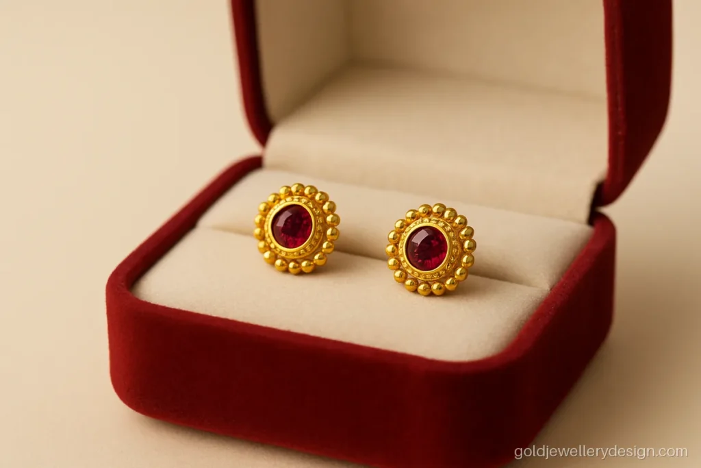 Gold thodu design with a round ruby centre and a ring of gold beads