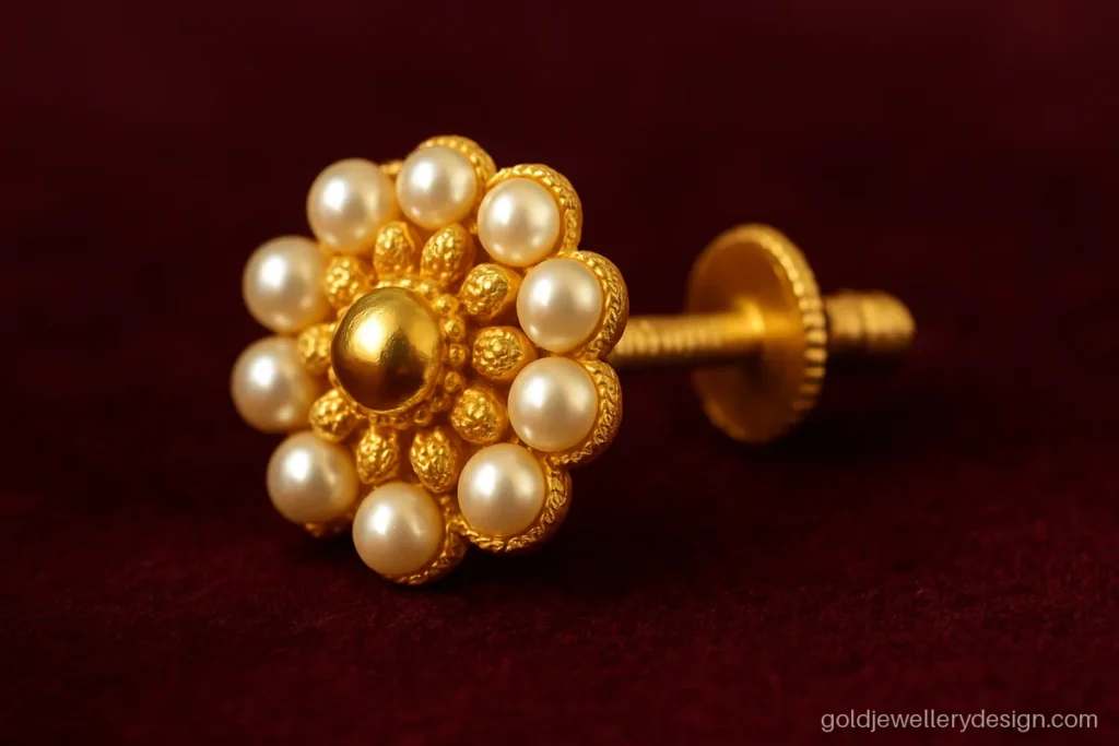 Bugdi design gold with a cluster of small pearls and a screw back