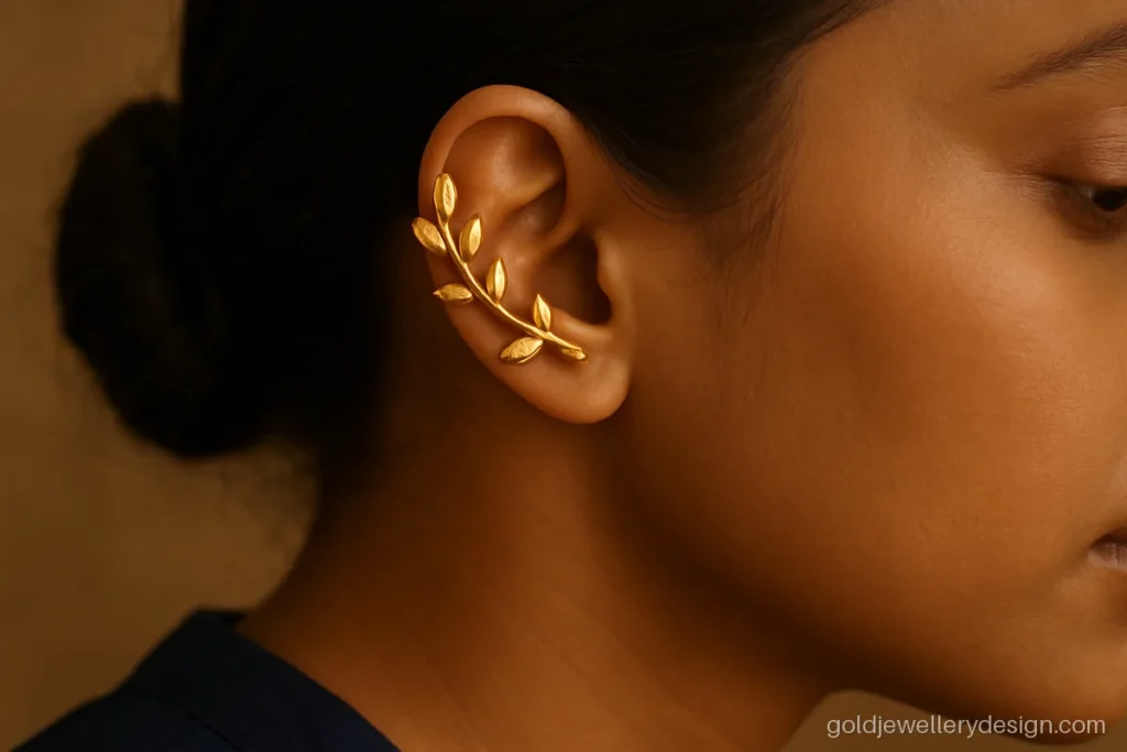 Upper earrings design gold, a leaf vine ear cuff that needs no piercing