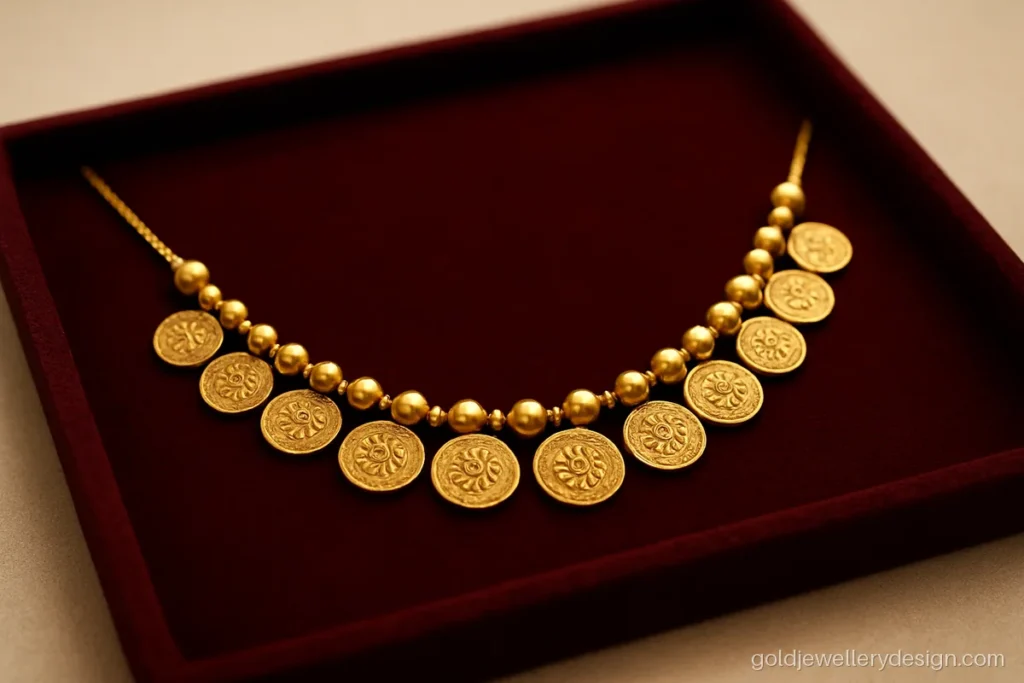 Short gold necklace with small floral coins and gold beads on a velvet tray