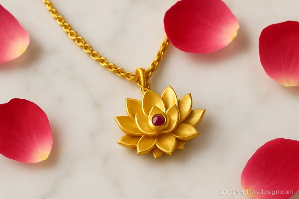 15 gram gold necklace with a lotus pendant on a medium rope chain