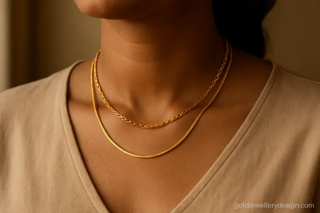 Double chain gold necklace of about one tola worn with a v neck top