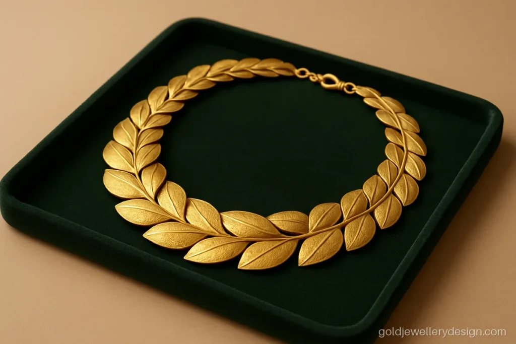 One tola gold collar necklace with overlapping leaves on a velvet tray