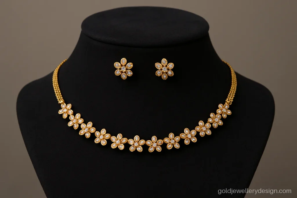Gold choker necklace design 10 gram with a CZ studded floral band on a bust