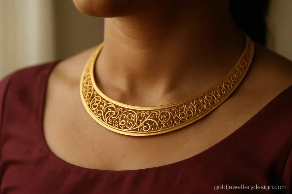 Filigree gold collar necklace around 20 grams worn with a silk blouse