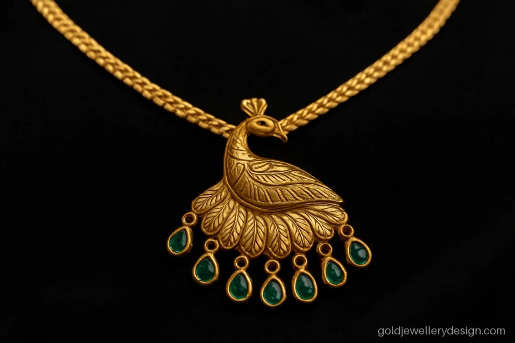 20 gram gold necklace design with a peacock front and small emerald drops