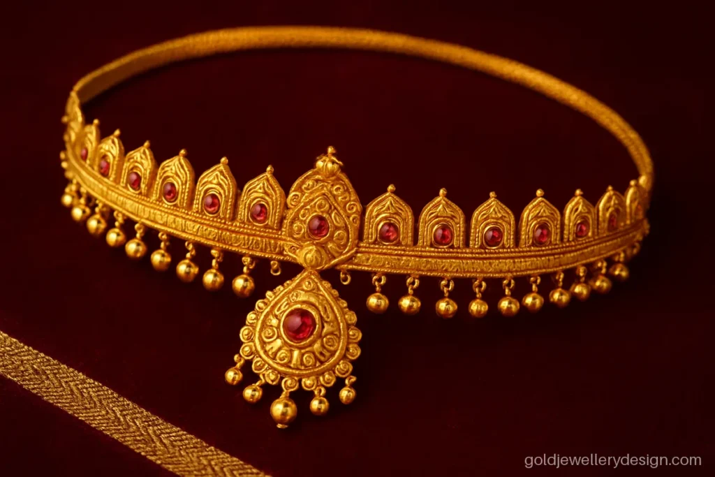 Bridal gold mukut design with arched crown band and small hanging drops