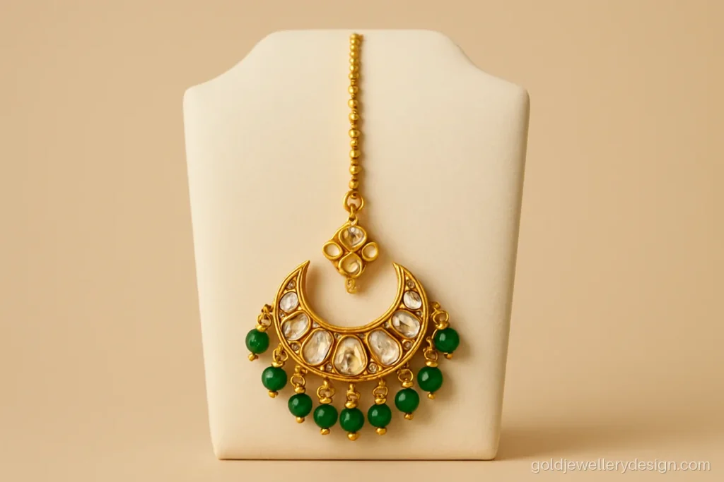 Dulhan maang tikka gold with crescent shape, uncut stones and emerald drops