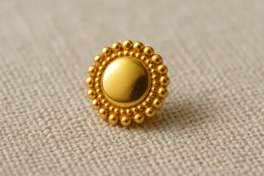 Gold bindi design with small round disc and granule dot border