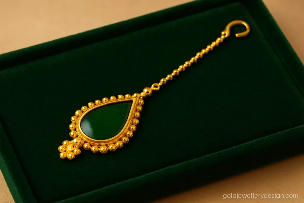 Mangtika new design gold with kairi shaped pendant and green enamel