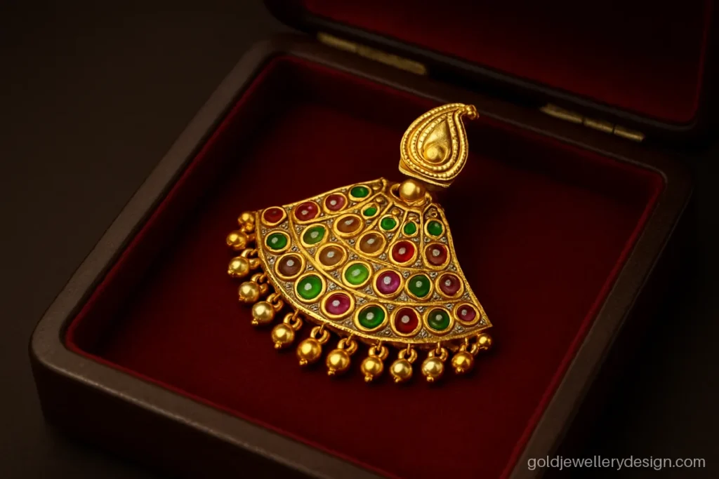 Gold pasa with red and green stone fan and small gold bead fringe