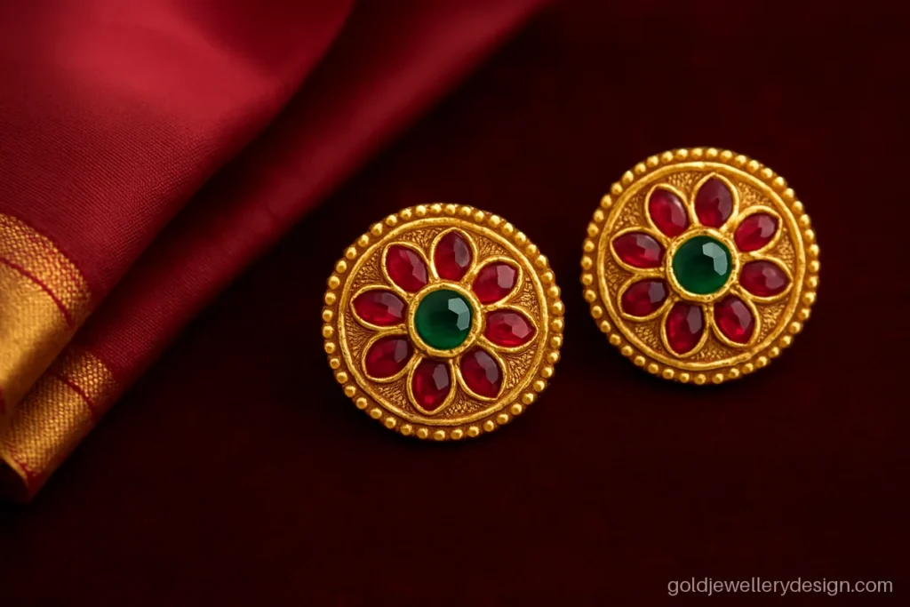 Gold big tops design with round face of red and green stones