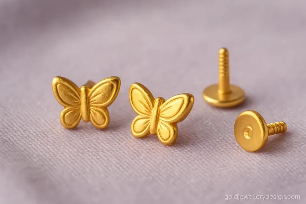 Girl small gold top design with a butterfly and screw back