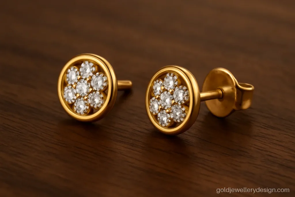 Small gold earrings design with cluster of white stones in a round halo