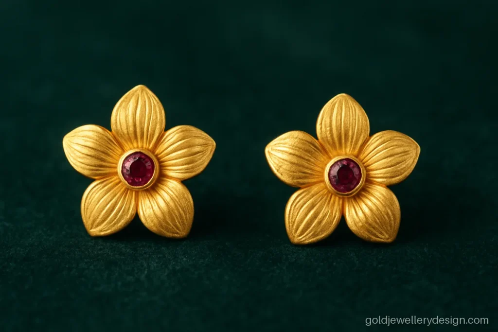 Gold earrings tops design with five petal flower and a deep red ruby centre