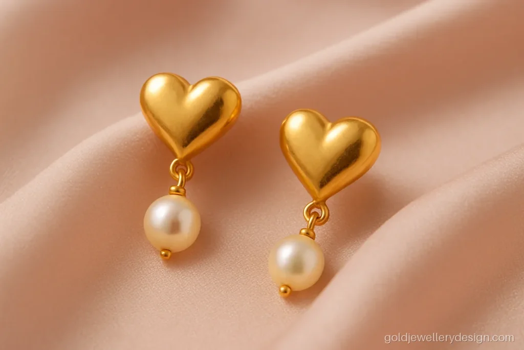 Stylish gold tops with a small heart stud and a tiny pearl drop