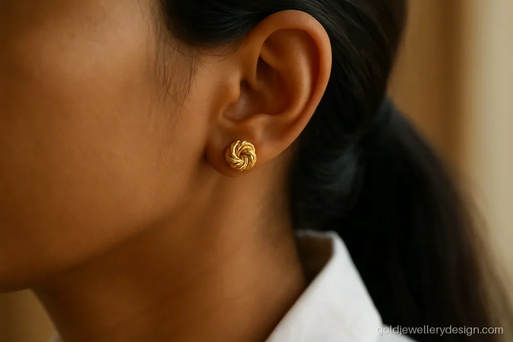 Small gold earring design shaped like a twisted knot