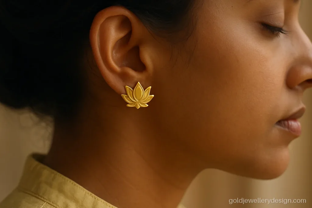 Gold earrings tops design for female wear with an open lotus and matte petals