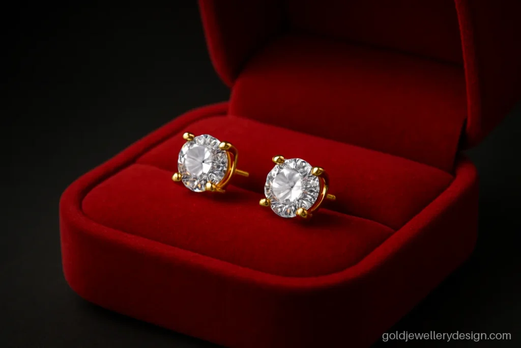 Gold stud earrings design with single white solitaire style stone in four prongs