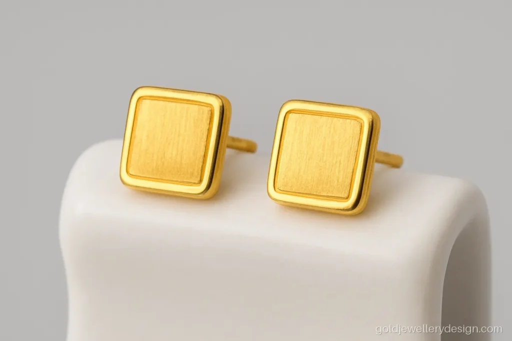 Gold small earrings design with a tiny square matte stud for office wear