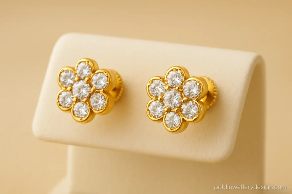 2.5 gram gold earrings new design with a small CZ cluster and screw back