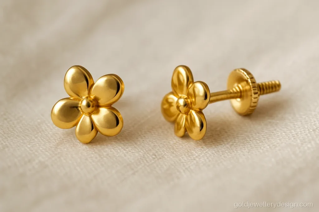 1 gram gold earrings design with tiny four petal studs in real 22k gold