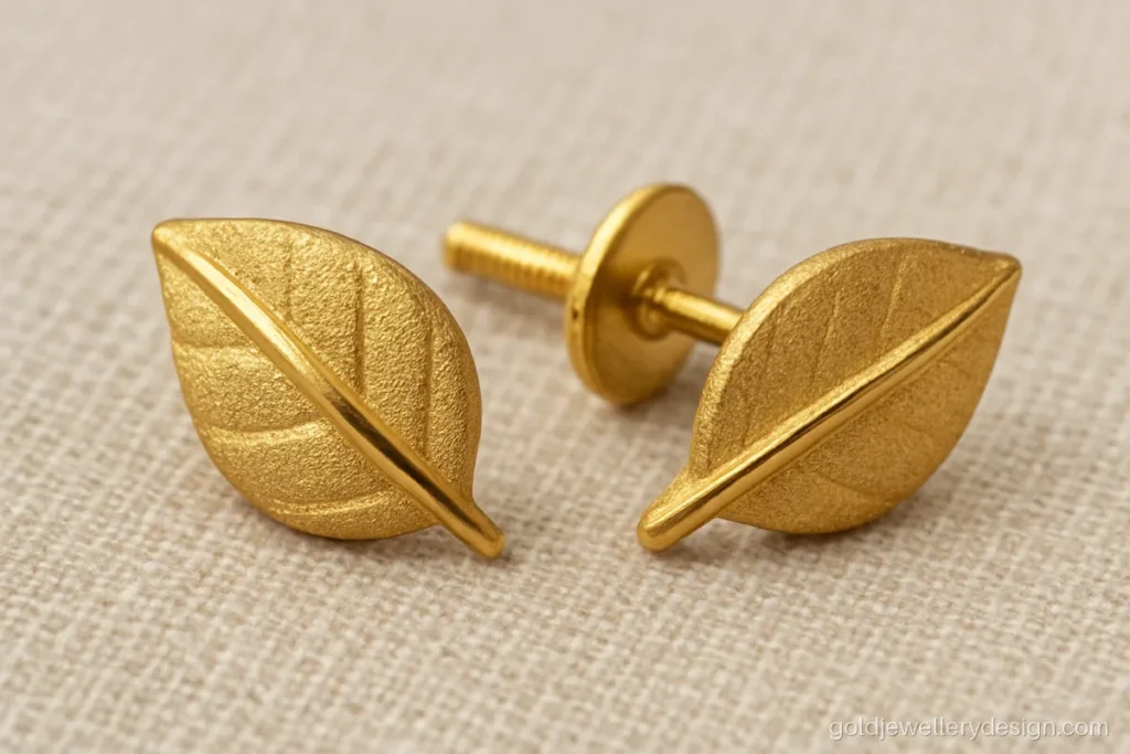 2 gram gold earrings new design with a matte leaf and a polished vein