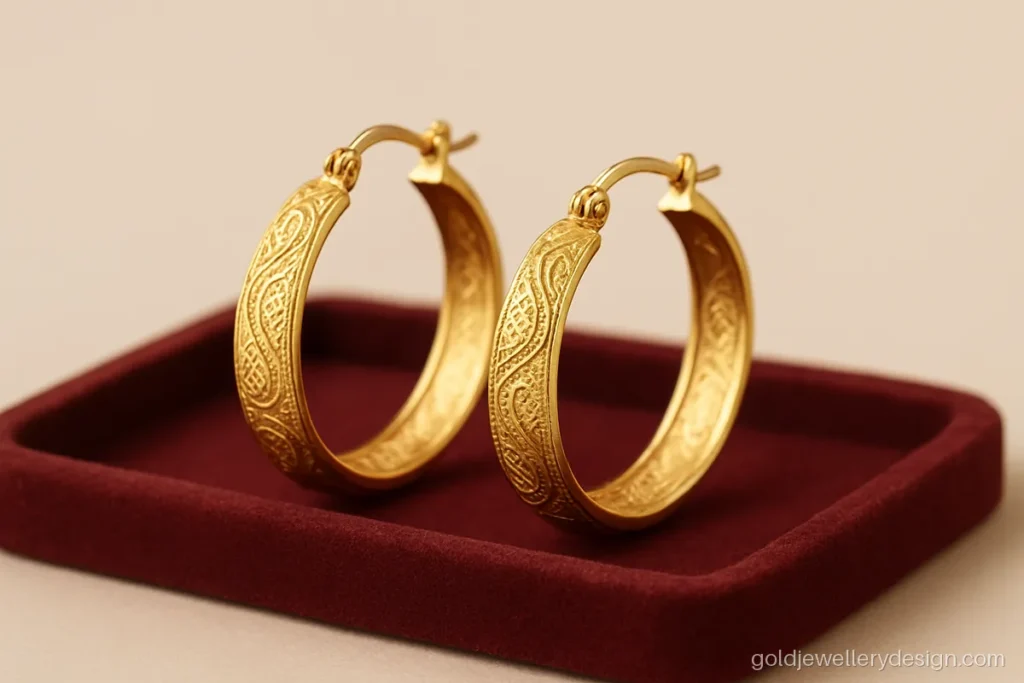 6 gram gold earrings new design in medium hoops with a paisley pattern