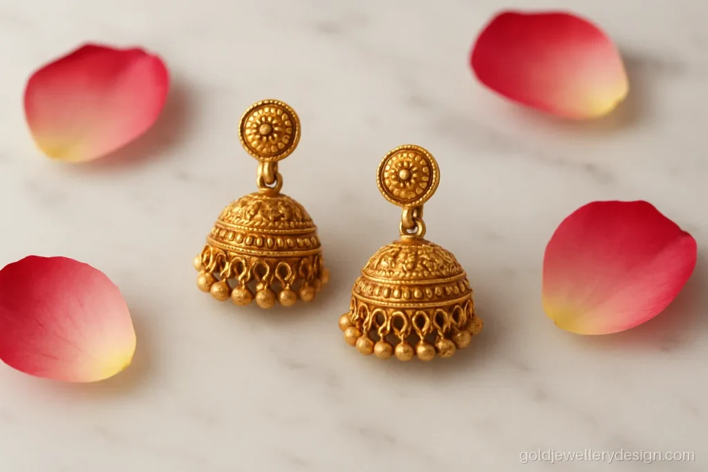 Gold earrings design 4 gram, a mini jhumki with a dome and tiny bead fringe