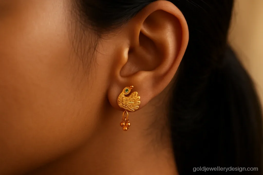 Peacock stud gold earrings with a short drop, about 4 grams, worn with hair tied back