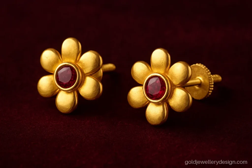 3 gram gold tops design with a ruby centre and six round petals