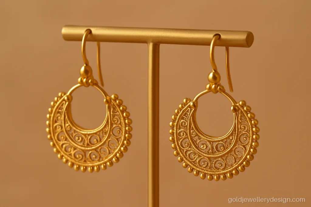 4 gram gold earrings new design in a small chandbali with filigree work