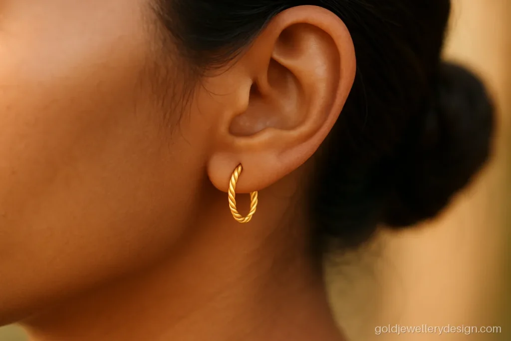 Daily wear 2 gram gold earrings new design in small twisted bali hoops